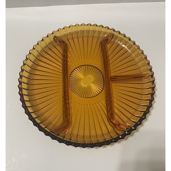 Indiana Glass Other - Old Indiana Colony Glass‎ Amber Ribbed 4 Section Divided 10" Serving Plate Tray